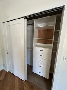 Complete Closet System with Shelves, Rods, Drawers and Sliding Closet Doors 
