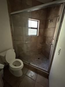 Sliding Shower Door with Brushed Nickel Shower Hardware and Elongated Toilet 