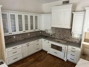 Complete Kitchen Upper and Lower Cabinet System with Stone Finish Countertop, Dacor Stainless Steel Warming Drawer, Pulls and Hardware (Island NOT Included)