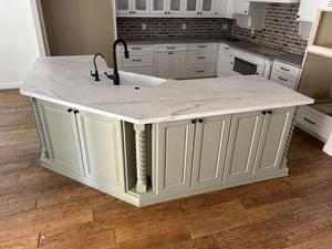 Complete Twisted Column Kitchen Island with Porcelain Countertop, Farmhouse Sink, Water Softener, Kenmore Garbage Disposal and Black Faucet 
