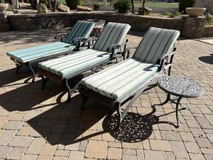 (3) Wrought Iron Lounge Chairs with Cushions and Tuscany End Table 