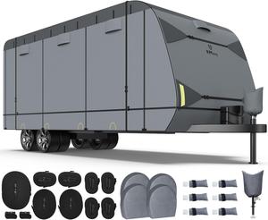 ($269.99) Open box - 7 Layers Top Heavy Duty RV Travel Trailer Cover for 28&#39;7&#34;-31&#39;6&#34;, Windproof Rip-Stop Anti-UV RV Cover with 4 Tire Cover &#38; Tongue Jack Cover, Dark Gray